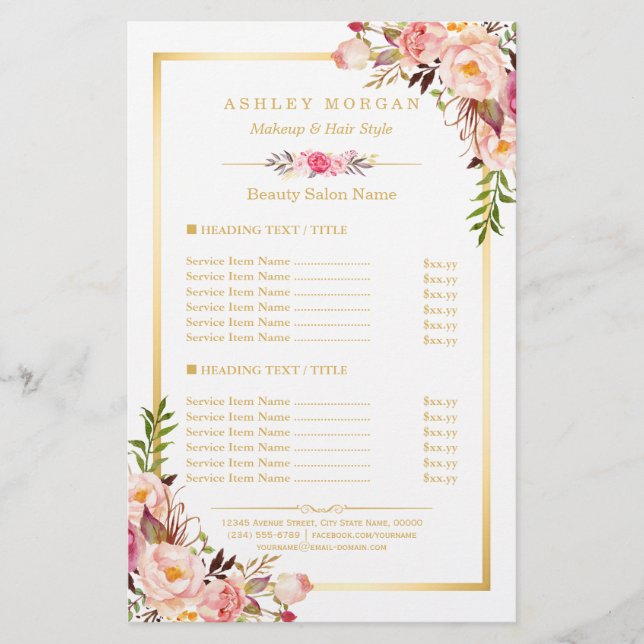 Elegant Chic Rosa Blommigt Beauty Salon Menu Flygblad (Framsidan)