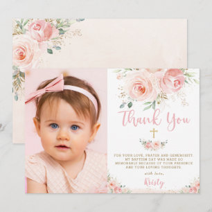 Elegant Chic Rosa Blommigt Guld Baptism Foto på Tack Kort