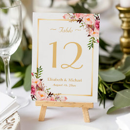 Elegant Chic Rosa Blommigt Guld Bröllop Bordsnumme Bordsnummer