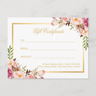 Elegant Chic Rosa Blommigt Guld Gift Certificate Vykort