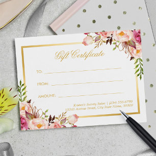 Elegant Chic Rosa Blommigt Guld Gift Certificate Vykort