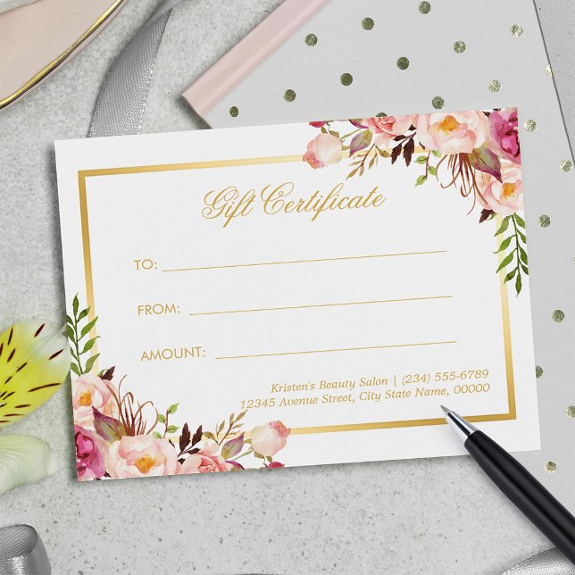 Elegant Chic Rosa Blommigt Guld Gift Certificate Vykort (Skapare uppladdad)