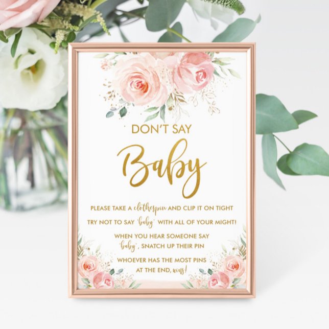 Elegant Chic  Rosa Blommigt Säg inte Baby-spel Poster (don't say baby game sweet blooms blush pink floral flowers gold girl baby shower activities )