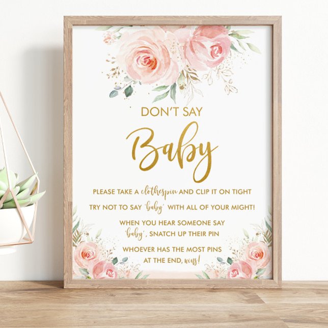 Elegant Chic  Rosa Blommigt Säg inte Baby-spel Poster (elegant sweet blush pink floral don't say baby game tabletop sign poster printed instant download
)