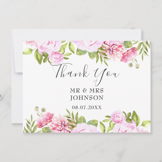 Elegant Chic Rosa Floral Bröllop med Grönska Tack Kort (Framsida)
