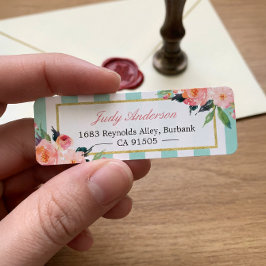 Elegant Chic Rosa Flowers Mint Grönt Rand Returadress Etikett