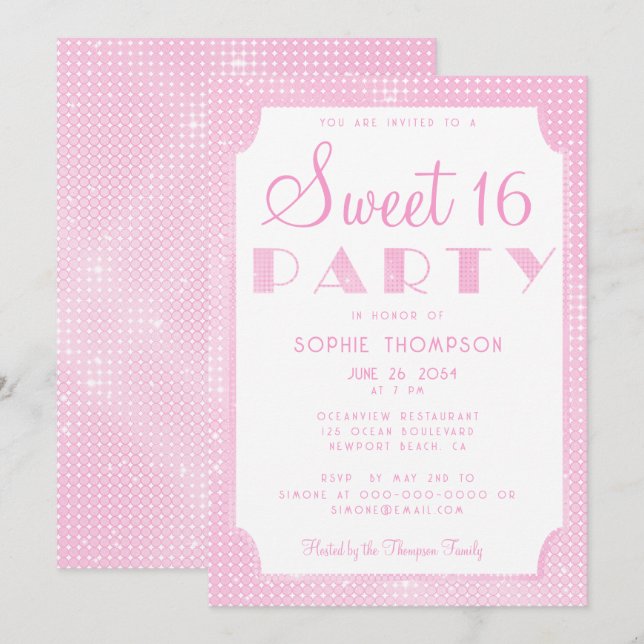 Elegant Chic Rosa Glitter Sequins Sweet 16 Party Inbjudningar (Fram/baksida)