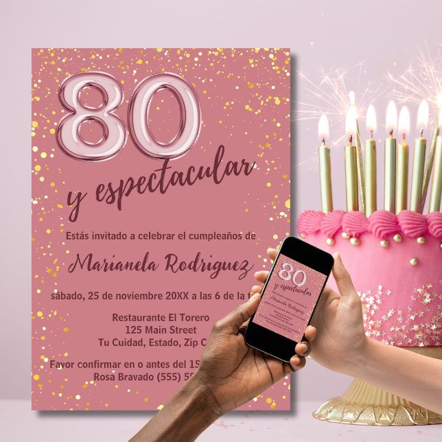 Elegant Chic Rosa Guld 80-årsdag Spansk Inbjudningar (Skapare uppladdad)