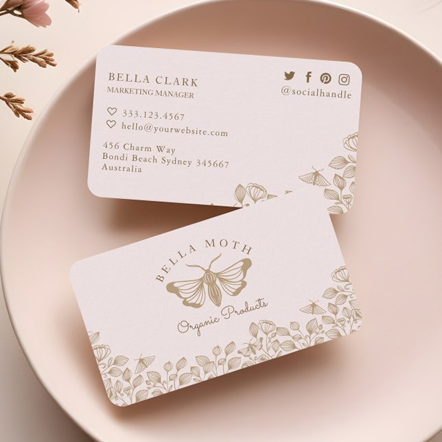 Elegant & Chic Rosa & Guld Blommigtar & Moth Logot Visitkort (Elegant & Chic Pink & Gold Florals & Moth Logo Business Card)