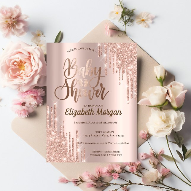 Elegant Chic Rosa Guld Glitterdroppar Bebisens För Inbjudningar (Skapare uppladdad)
