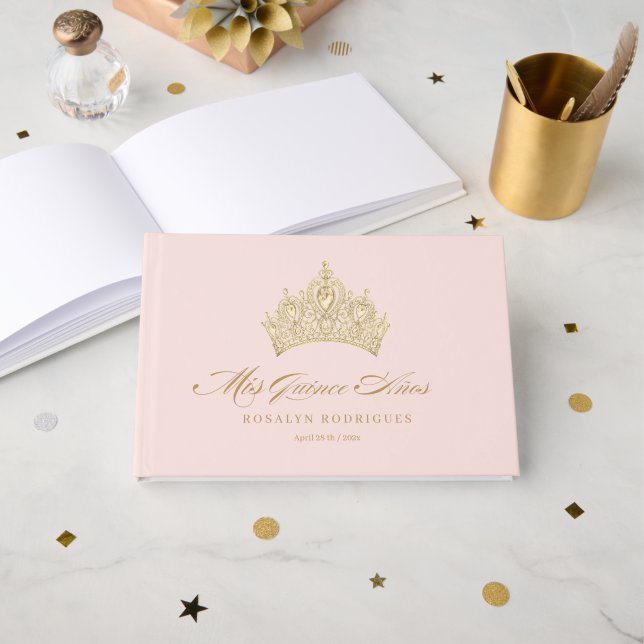 Elegant Chic Rosa Guld Quinceanera Gästböcker (Framsida öppen)