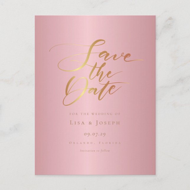 Elegant Chic Rosa Guld Script Spara Datum Vykort (Framsida)