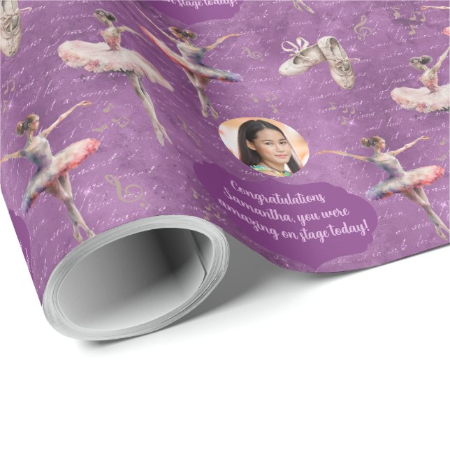 Elegant Chic Rosa Lila Namn Text Foto Ballerina Presentpapper (Rullad Hörn)