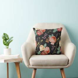 Elegant Chic Rosa ros Blommigt på svart på svart Kudde