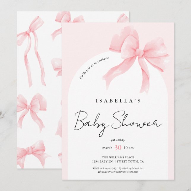 Elegant Chic Rosa Rosett Babyfirande Inbjudningar (Fram/baksida)