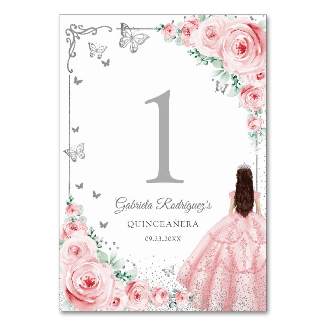 Elegant Chic Rosa Rosor Silver Quinceanera Bordsnummer (Framsidan)