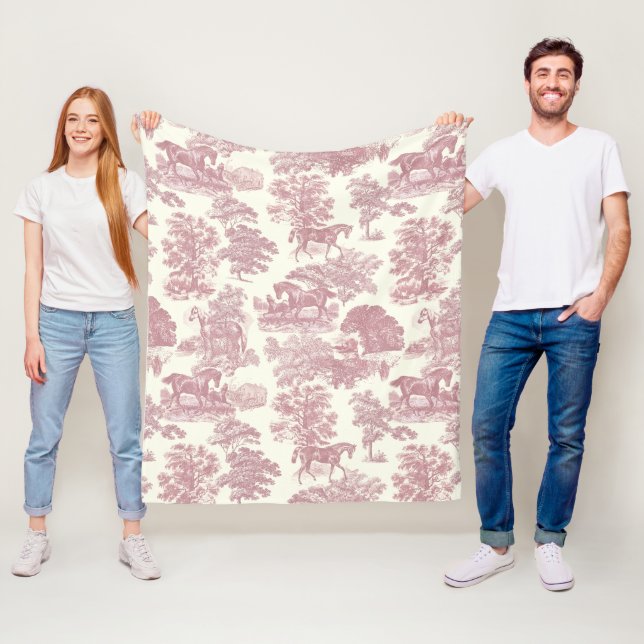 Elegant Chic Rosa Rustic Horses Toile Fleecefilt (På plats)