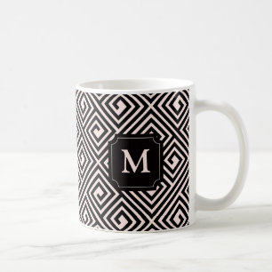 Elegant Chic Rosa Svart Grekisk Nyckel Mönster Mon Kaffemugg