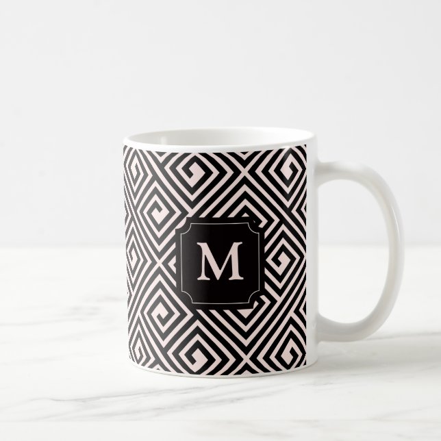 Elegant Chic Rosa Svart Grekisk Nyckel Mönster Mon Kaffemugg (Höger)