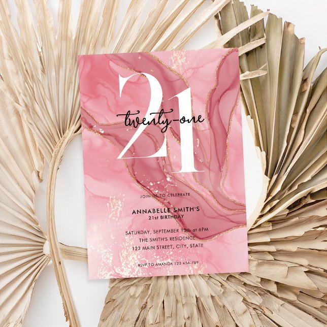 Elegant Chic  Rosa Vattenfärg 21:a födelsedagen Inbjudningar (Skapare uppladdad)