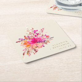 Elegant Chic Rosa Watercolor Blommigt Bröllop Anpa Underlägg Papper Kvadrat