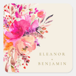 Elegant Chic Rosa Watercolor Blommigt Bröllop Crea Fyrkantigt Klistermärke