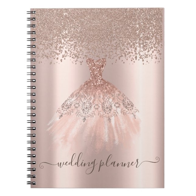 Elegant chic roséguld glitter, diamanter, klänning anteckningsbok (Framsidan)