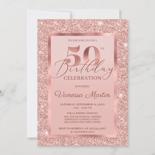 Elegant Chic Roseguld Glitter Foil 50:e Födelsedag Inbjudningar (Framsida)
