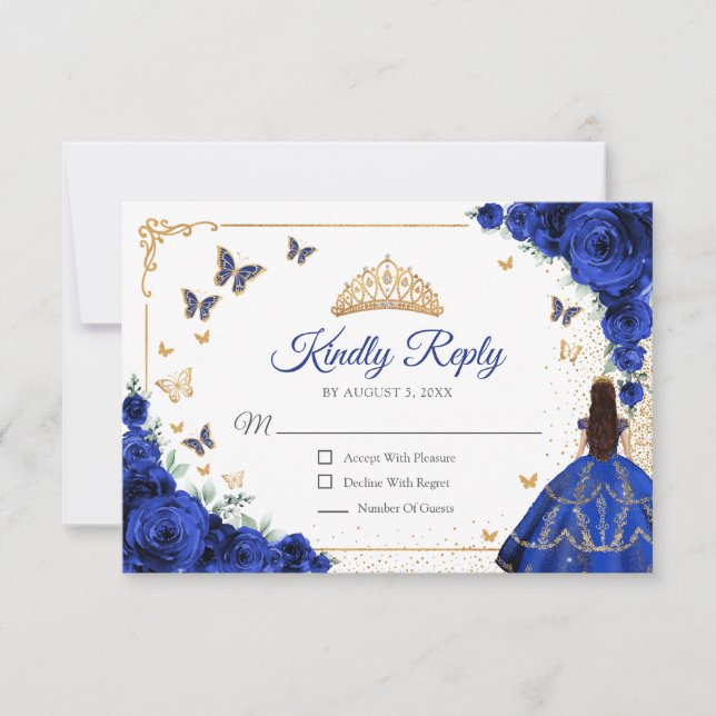 Elegant Chic Royal Blue Gold Quinceanera Reply OSA Kort (Framsida)