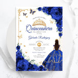 Elegant Chic Royal Blue Ro Guld Quinceanera Inbjudningar<br><div class="desc">Inbjudan till royal blå,  guld och vit Quinceanera firande. Med brunettflicka i boll-klänning,  skript,  guld-fjärilar,  marinblått ro och tiara. Perfekt för en elegant prinsessan stil glam firande. Anpassa med dina egna detaljer. Skrivna Zazzle-inbjudningar eller digital utskrivbar mall för omedelbar nedladdning.</div>