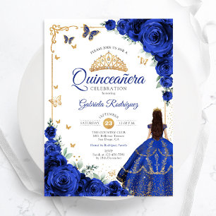 Elegant Chic Royal Blue Ro Guld Quinceanera Inbjudningar