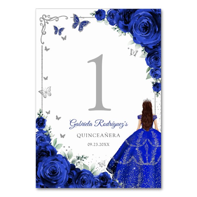Elegant Chic Royal Blue Roses Silver Quinceanera Bordsnummer (Framsidan)