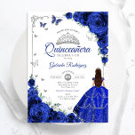 Elegant Chic Royal Blue Silver Blommigt Quinceaner Inbjudningar<br><div class="desc">Inbjudan till royal blå,  silver och vit Quinceanera firande. Med brunettflicka i boll-klänning,  typsnitt,  silver-fjärilar,  blå ro och tiara. Perfekt för en elegant prinsessan stil glam firande. Anpassa med dina egna detaljer. Skrivna Zazzle-inbjudningar eller digital utskrivbar mall för omedelbar nedladdning.</div>