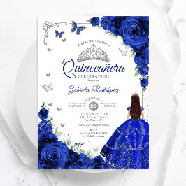 Elegant Chic Royal Blue Silver Blommigt Quinceaner Inbjudningar