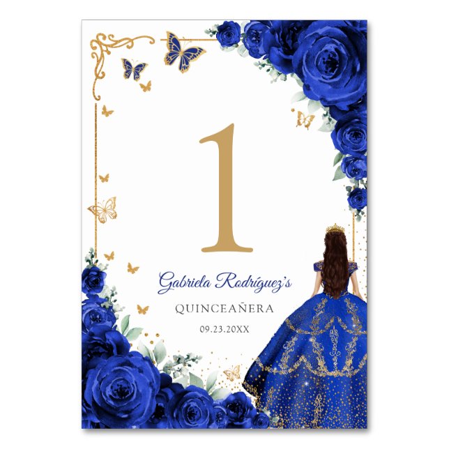 Elegant Chic Royalblå Rosor Guld Quinceanera Bordsnummer (Framsidan)