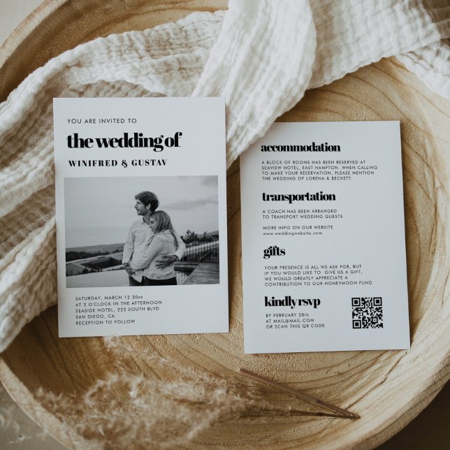 Elegant chic RSVP QR-kod allt i en bröllopsfoto Inbjudningar (Chic elegant RSVP QR code all in one wedding photo Invitation)