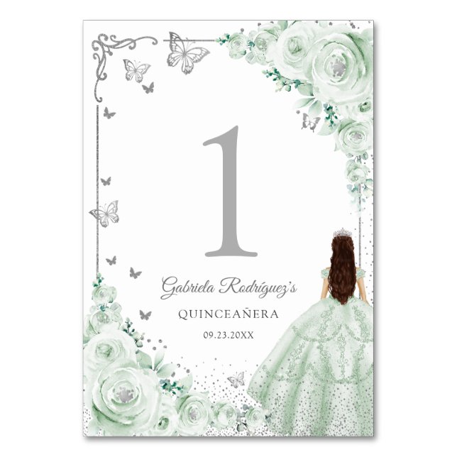 Elegant Chic Sage Green Roses Silver Quinceanera Bordsnummer (Framsidan)