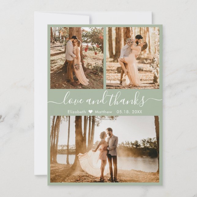 Elegant Chic Sage Grönt 3 Photo Collage Bröllop Th Tack Kort (Framsida)