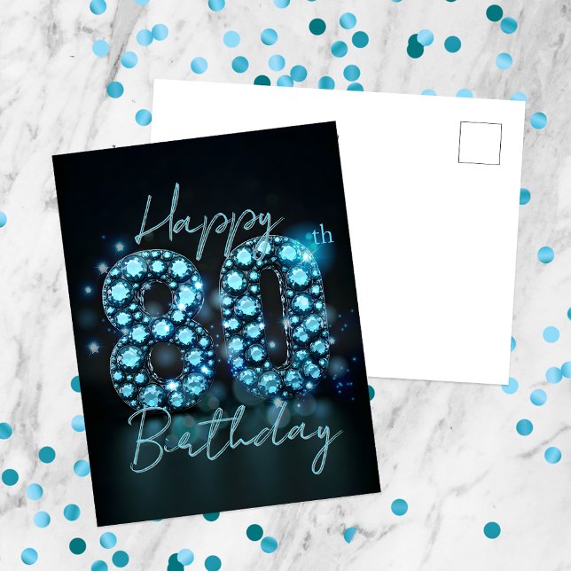Elegant Chic Sapphire Blue and Black 80 Birthday Vykort (Skapare uppladdad)