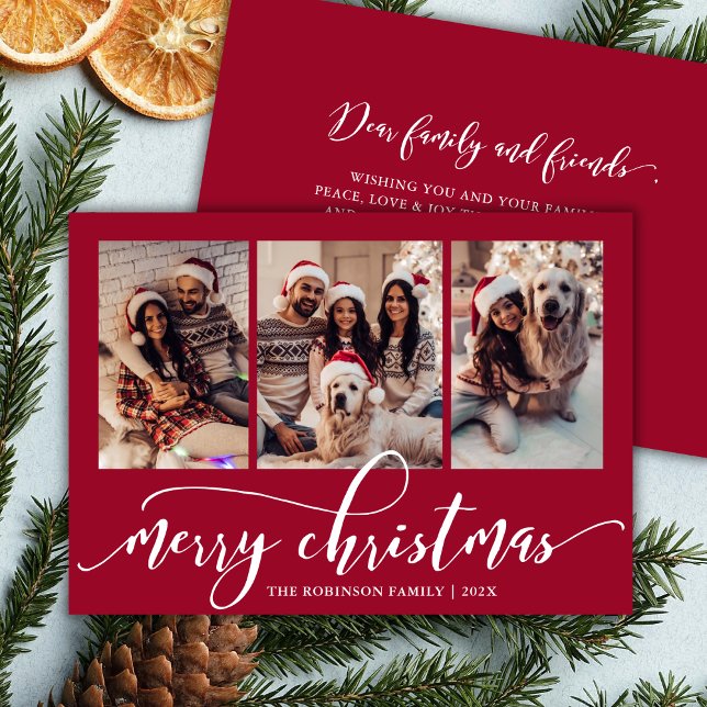 Elegant Chic Script 3 Photo Collage Red Christmas  Julkort (Skapare uppladdad)