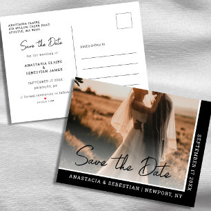 Elegant Chic Script Black and White Photo Bröllop Meddelande Vykort
