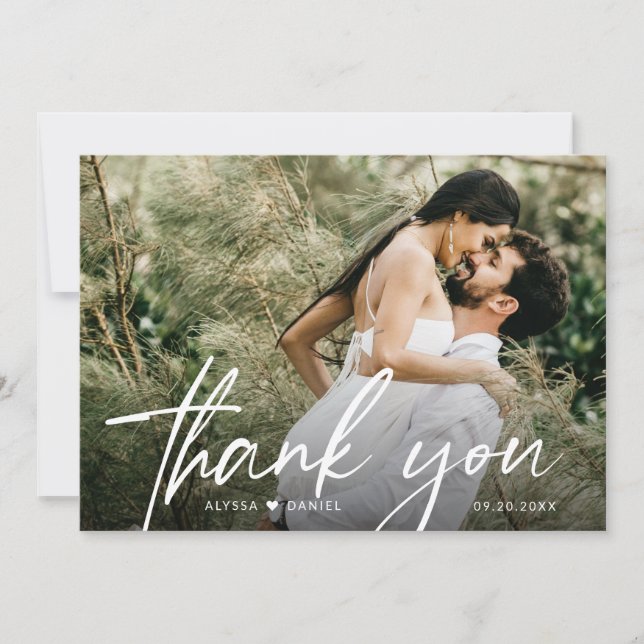 Elegant Chic Script Heart Bröllop Photo Anpassning Tack Kort (Framsida)