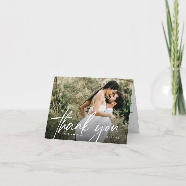 Elegant Chic Script Heart Bröllop Photo Tack Kort (Framsida)