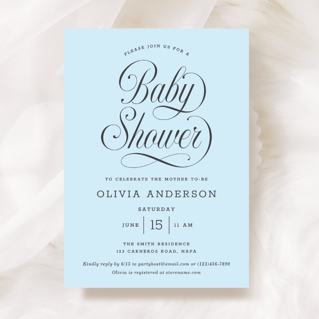 Elegant Chic Script Ljusblå Pojke Baby Shower Inbjudningar (Skapare uppladdad)