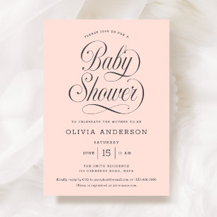 Elegant Chic Script Rosa Flicka Bebis Badrumsfest Inbjudningar