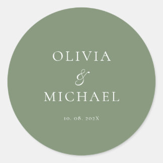 Elegant Chic Script Sage Grön Minimalistisk Bröllo Runt Klistermärke