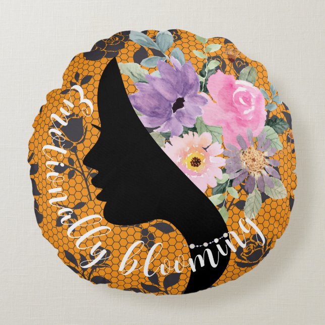 Elegant Chic Silhouette Romantic Flowers Graphic Rund Kudde (Framsidan)