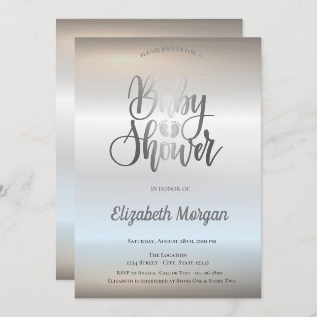 Elegant Chic Silver Baby Shower Inbjudningar (Fram/baksida)