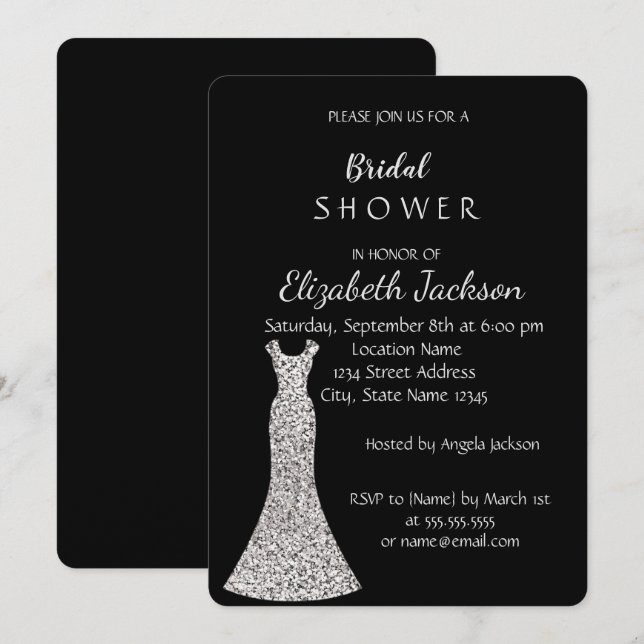 Elegant Chic Silver Bröllopsklänning Bröllopsdusch Inbjudningar (Fram/baksida)
