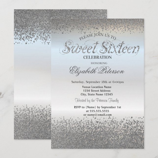 Elegant Chic Silver Diamanter Konfetti Sweet 16 Inbjudningar (Fram/baksida)